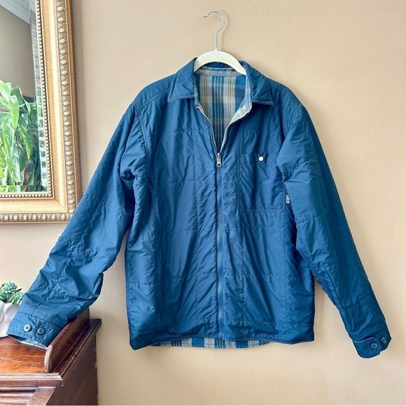 Patagonia M's Reversible Flannel Jacket Quilted Zipper Shirt Blue Green Plaid - Picture 3 of 9